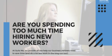 Image of a woman sorting payroll with block colours and bold text relating to saving time when hiring new employees