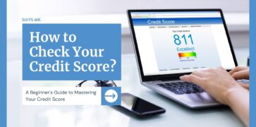 Person checking their credit score on a laptop with blue border and text box that reads "how to check your credit score"