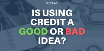 image of credit cards and dollar bills - representing using credit to pay. White text overlaid on top.