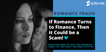 Woman looking scared as she's a victim of romance fraud as man leans over her. with blue background and black and light blue text
