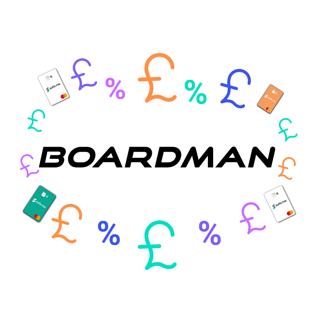 Boardman logo with colour pound symbols, colour percentage logos and Suits Me® card surrounding the logo