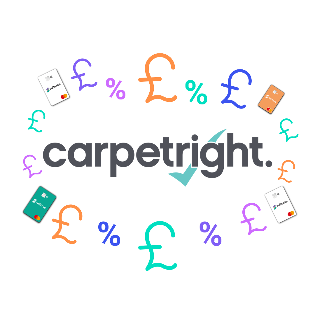 Carpetright logo with colour pound symbols, colour percentage logos and Suits Me® card surrounding the logo
