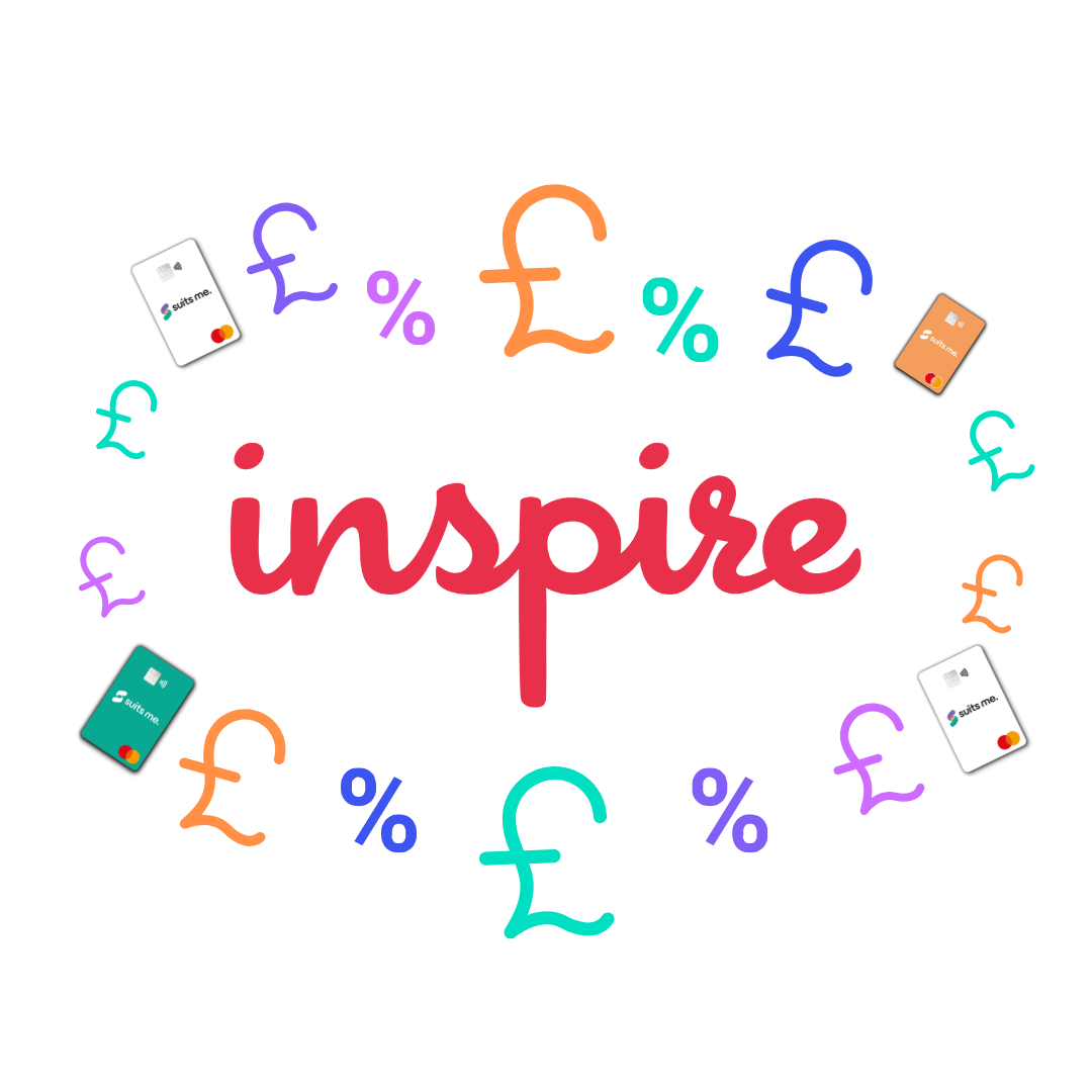 Inspire logo with colour pound symbols, colour percentage logos and Suits Me® card surrounding the logo