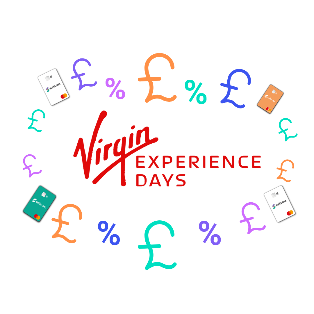 Virgin experience days logo with colour pound symbols, colour percentage logos and Suits Me® card surrounding the logo