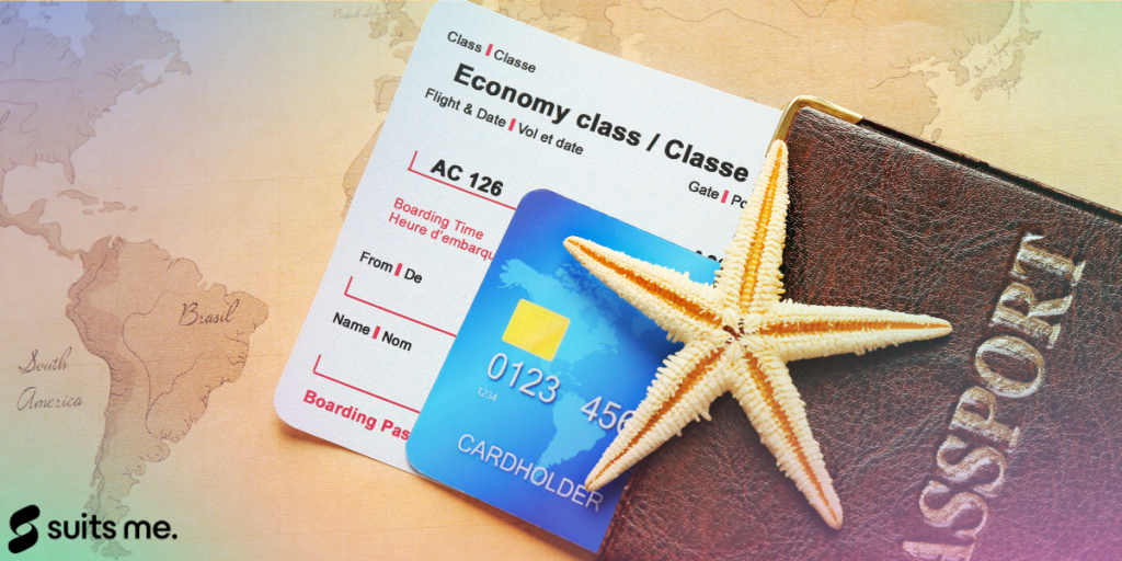 Image of travel card, passport and plane ticket.