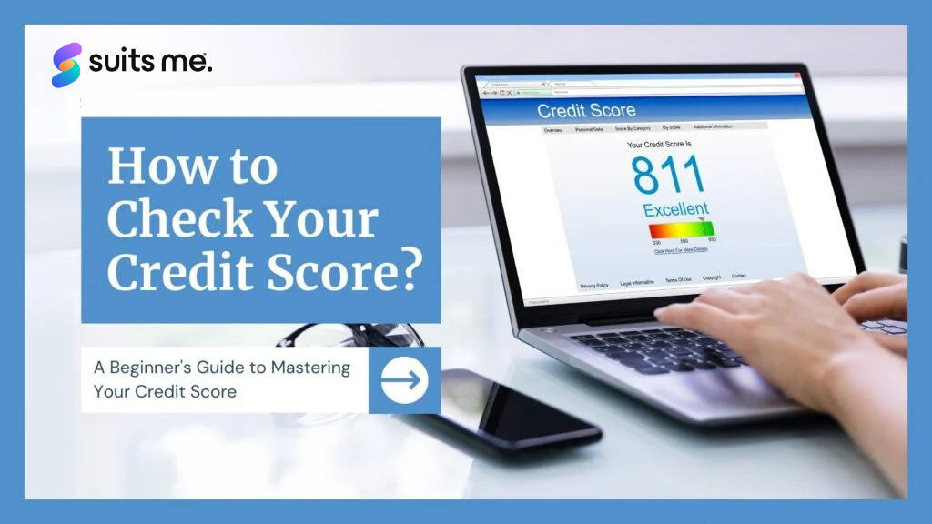 Person checking their credit score on a laptop with blue border and text box that reads how to check credit score
