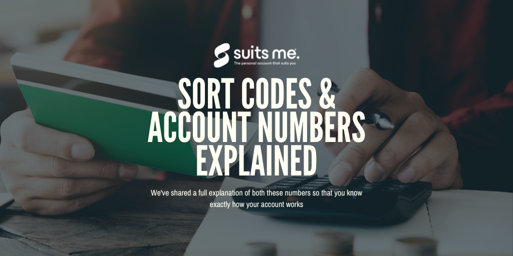 Background image of a man working on his finances, with white bold text overlaid explaining what is a sort code