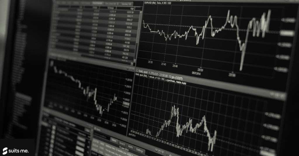 Black and white image of computer screen, showing data about a fluctuating different currency over a short period of time