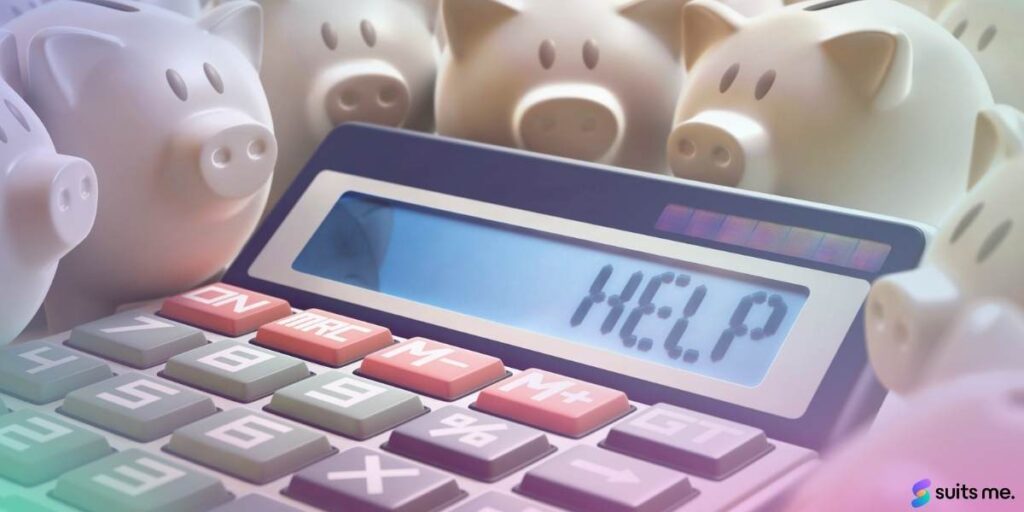 Image of a calculator with the words help instead of numbers - surrounded by piggybanks. prepaid card credit score concept.
