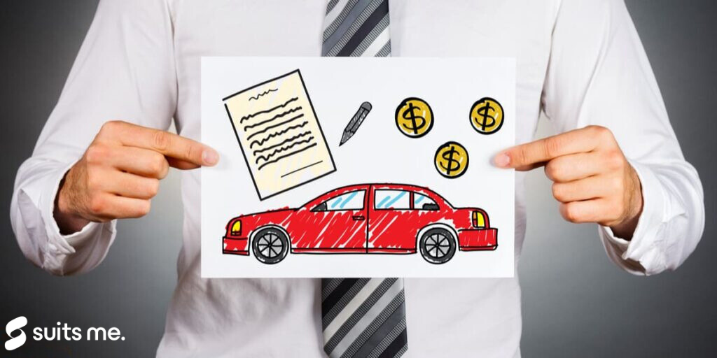 Car payment loan concept. Businessman holding paper with drawing of a car together with money and contract illustrations. Representing finance agreement