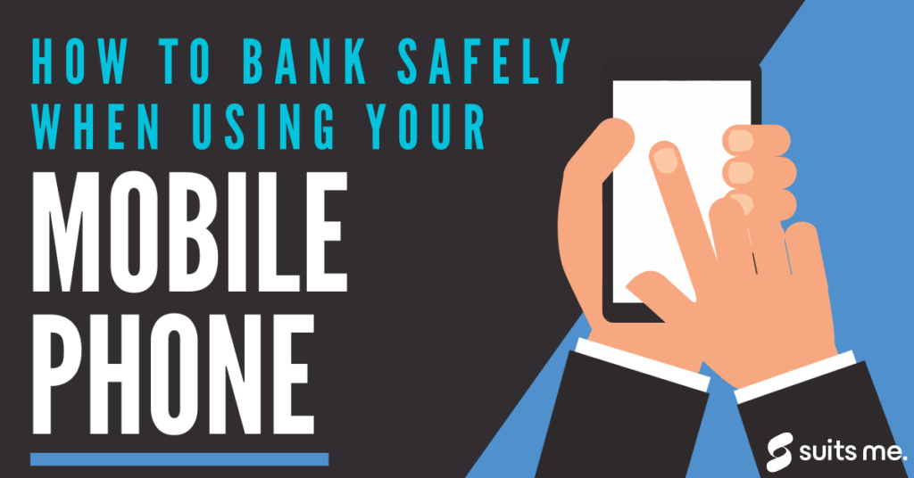 Cartoon image of a person using a mobile phone. White text, blue text on a black background reading how to bank safely online when using your mobile phone